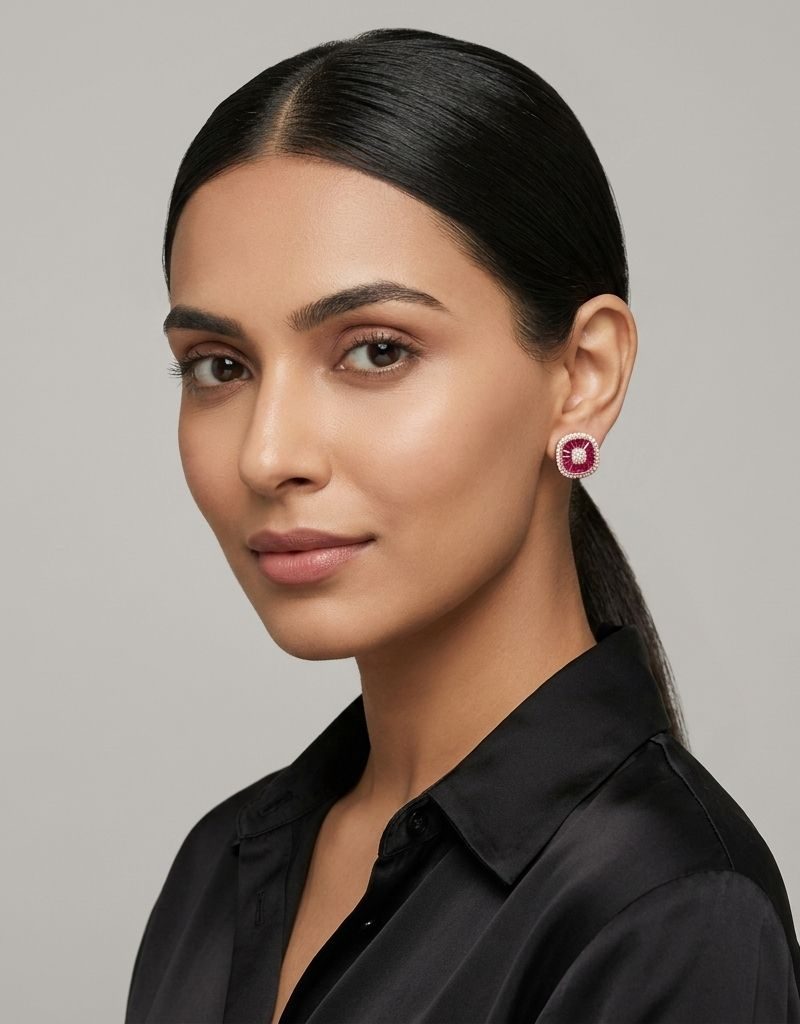 Pink And White Ruby Floral Stud Earrings For Women