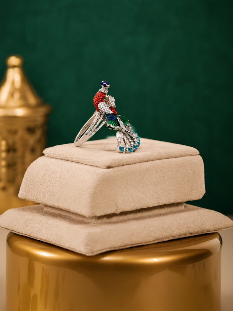 Majestic Sculpted Peacock Meenakari & Crystal Ring