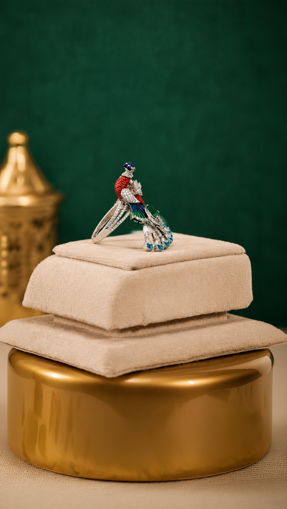 Majestic Sculpted Peacock Meenakari & Crystal Ring