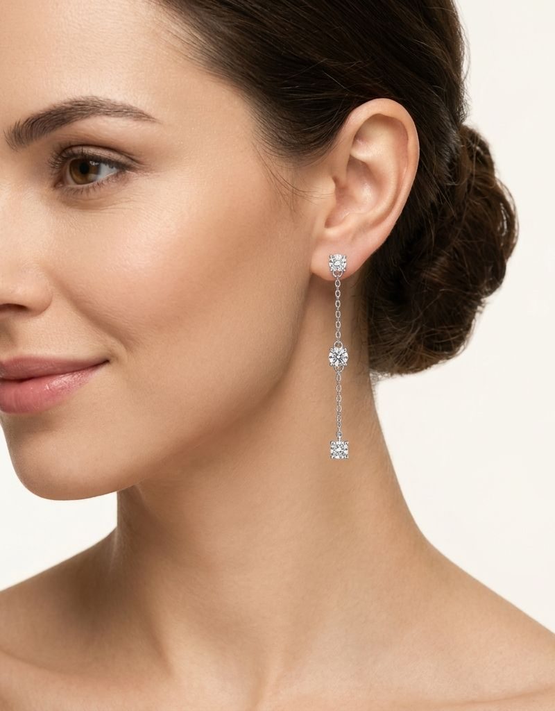 Silver Crystal Chain Delicate Earring Set For Women