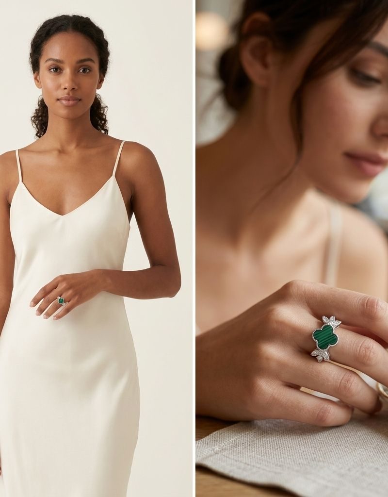 Green Malachite Clover Crystal Accent Ring For Women