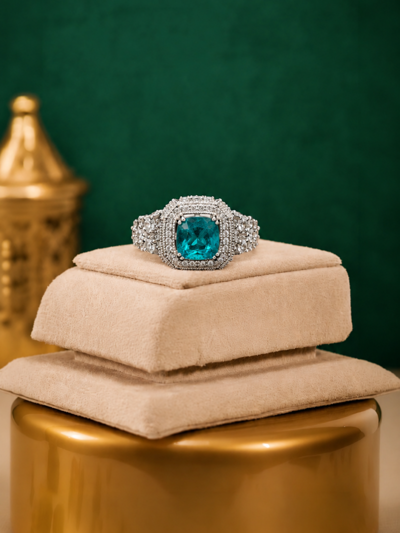 Ocean Blue Cushion Cut Crystal Halo Ring