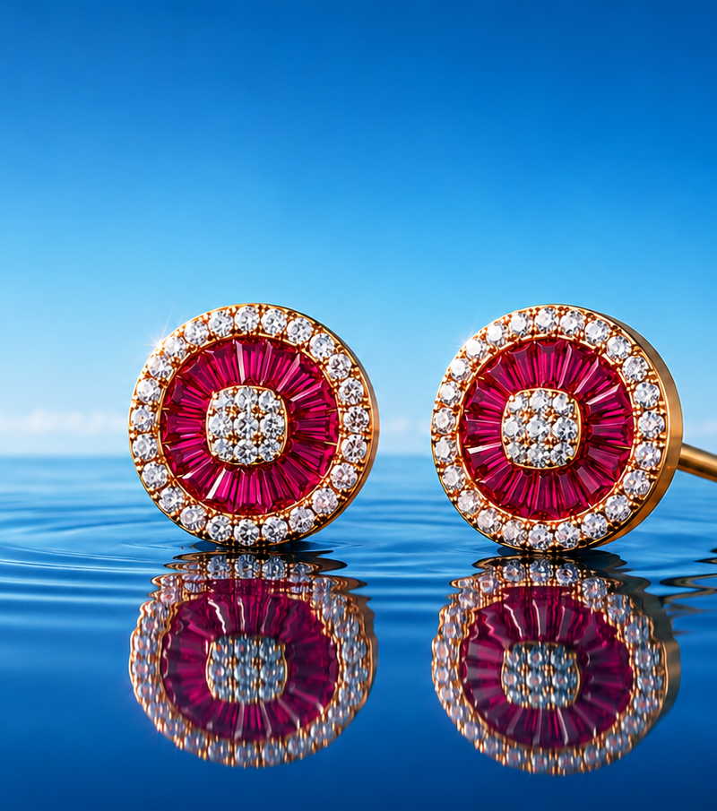 Gold Sunburst Crimson Crystal Circle Stud Earrings