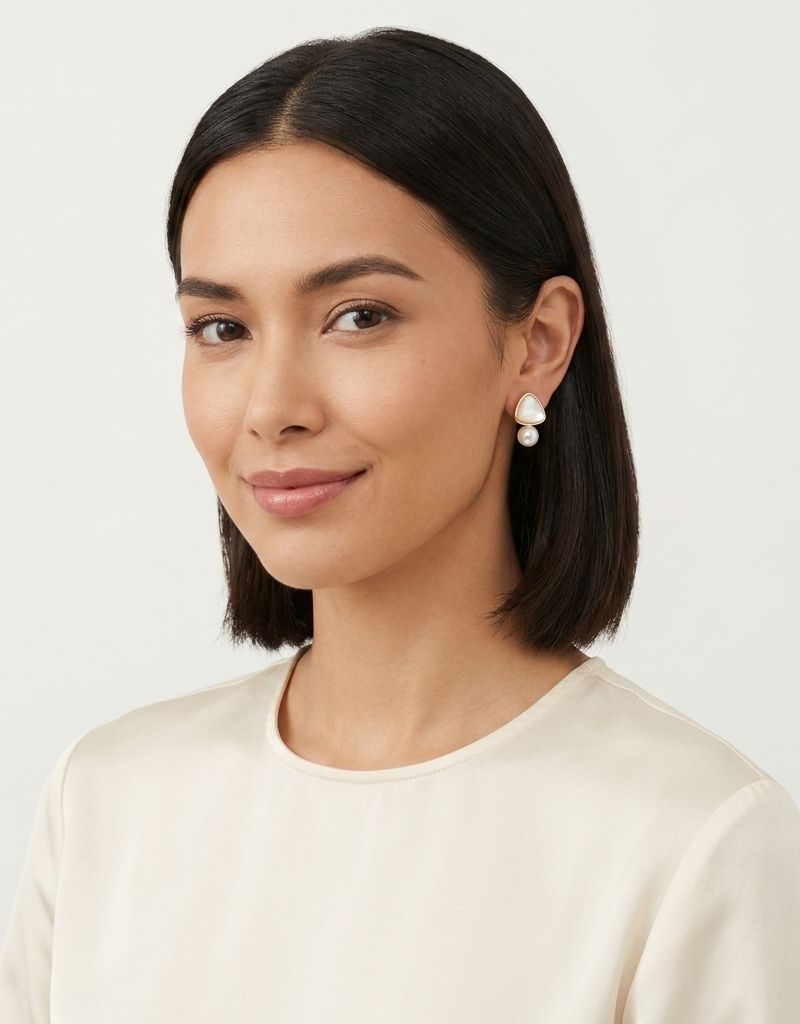 Gold And White Pearl Triangle Stud Earrings Set For Women