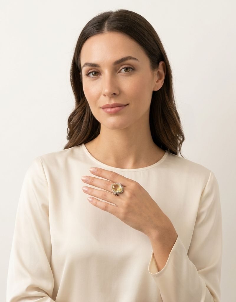 Yellow And White Oval Gemstone Diamond Halo Ring For Women