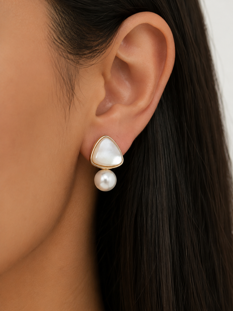 Gold Triangular Mother-of-Pearl & Pearl Drop Earrings