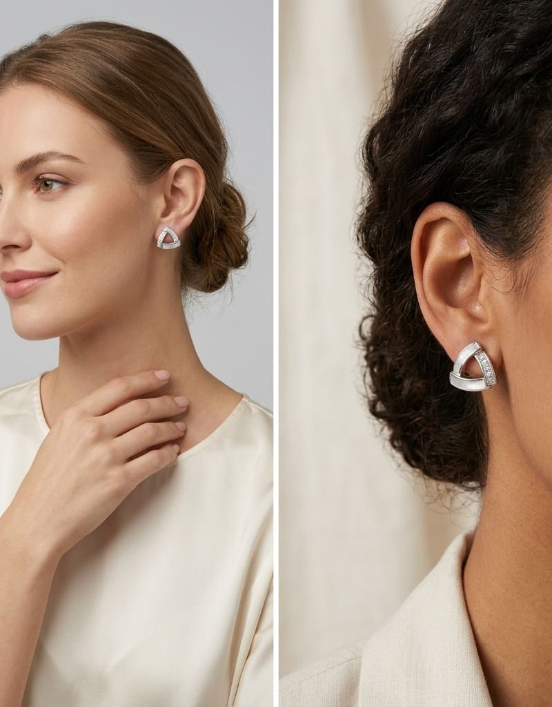 White And Silver Crystal Triangle Stud Earrings For Women