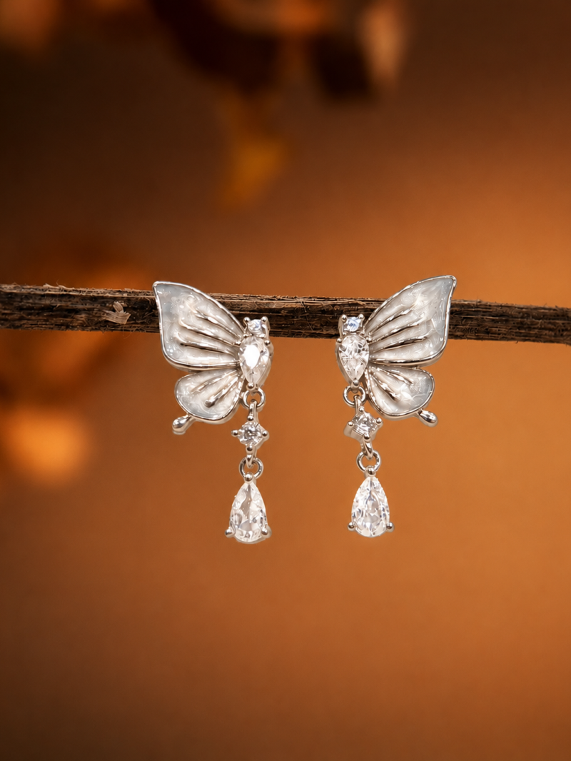 Shimmering Pearlized Butterfly & Teardrop Crystal Earrings