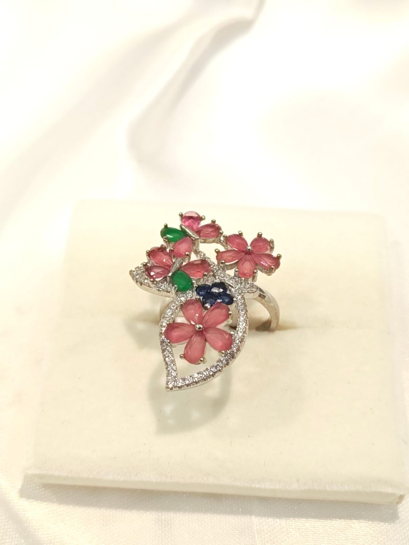 Pink Crystal Floral Ring For Women