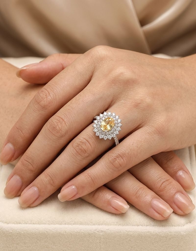 Yellow Stone Double Halo Silver Ring For Women