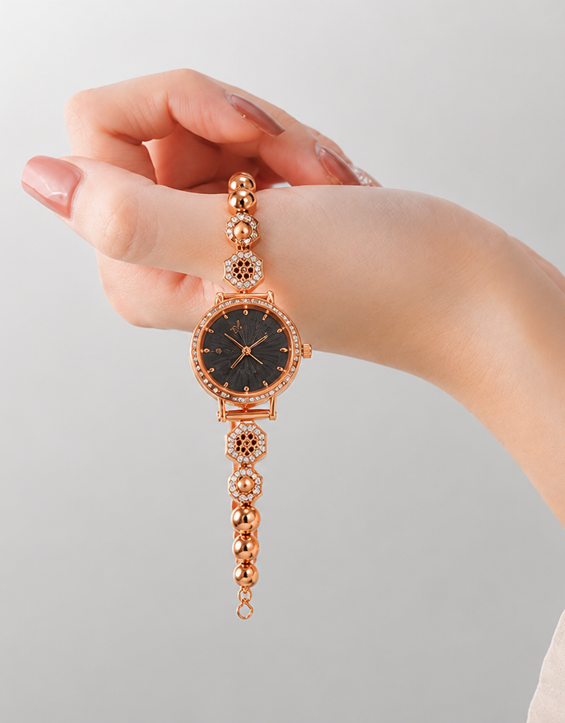 Rose Gold Filigree Pattern Black Dial Bracelet Watch