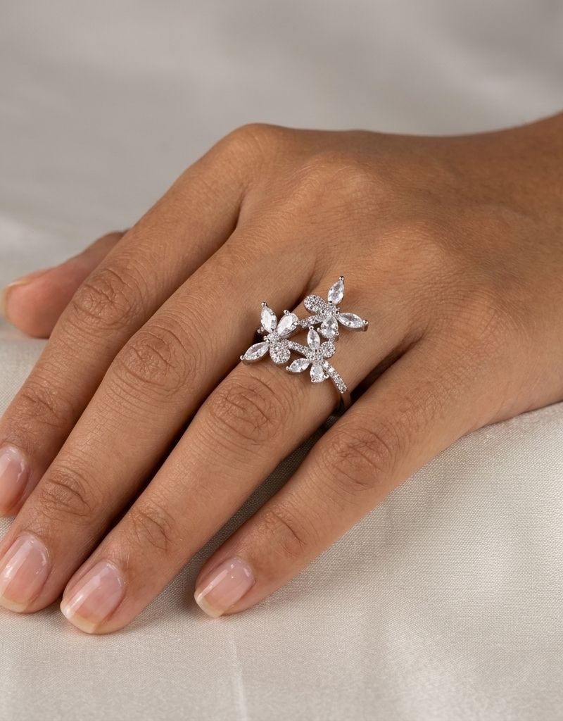Silver Floral Cluster Crystal Statement Ring For Women