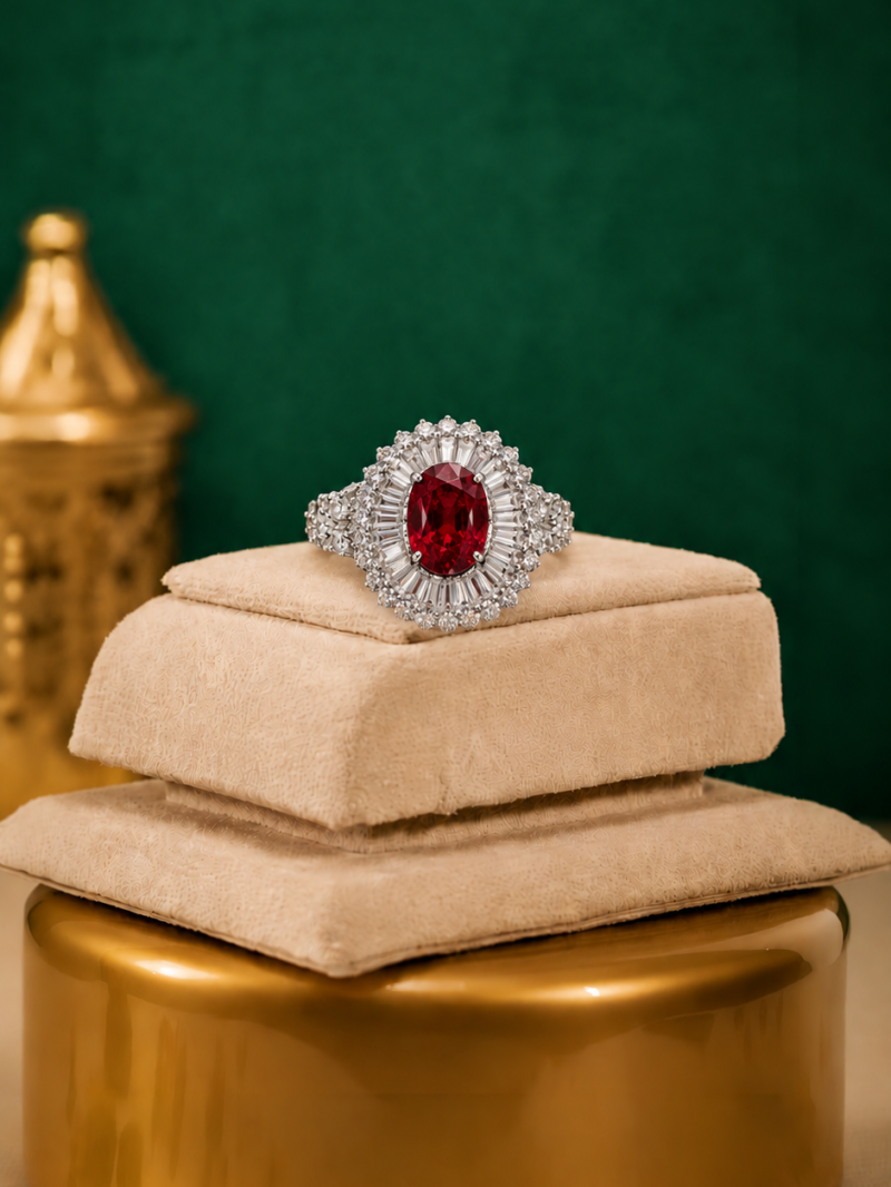 Classic Oval Crimson Ruby Halo Statement Ring