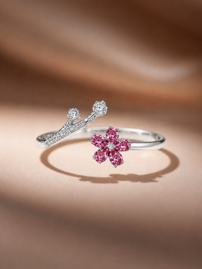 Delicate Pink Gemstone Floral Branch Open Ring