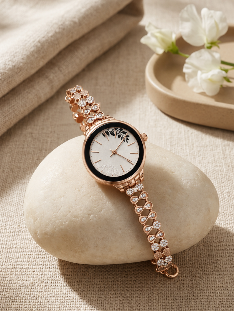 Rose Gold Botanical Dial Crystal Link Watch