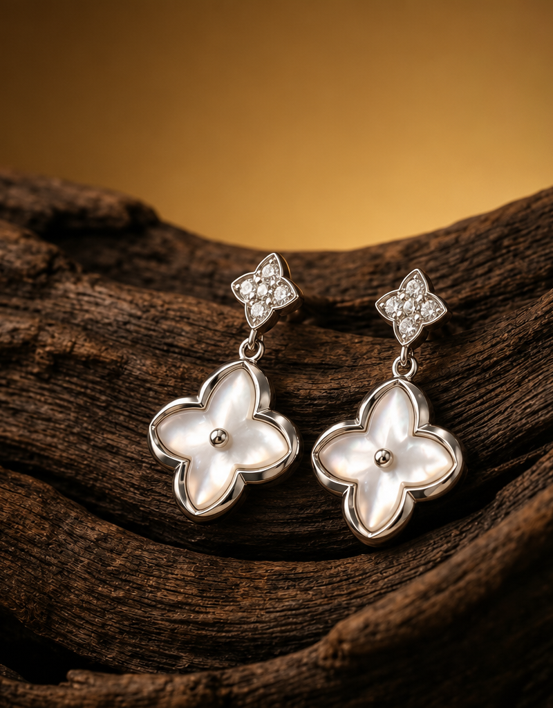 Elegant Silver Clover Mother-of-Pearl Drop Earrings