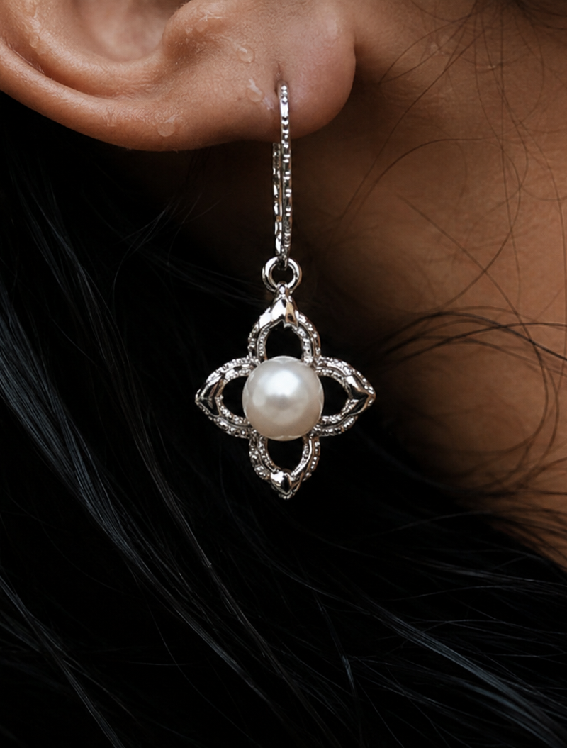 Silver Floral Motif Freshwater Pearl Drop Earrings