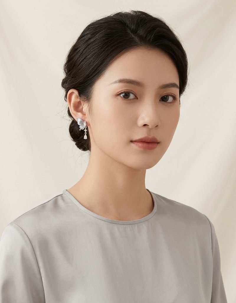 Silver Crystal Butterfly Drop Earrings For Women