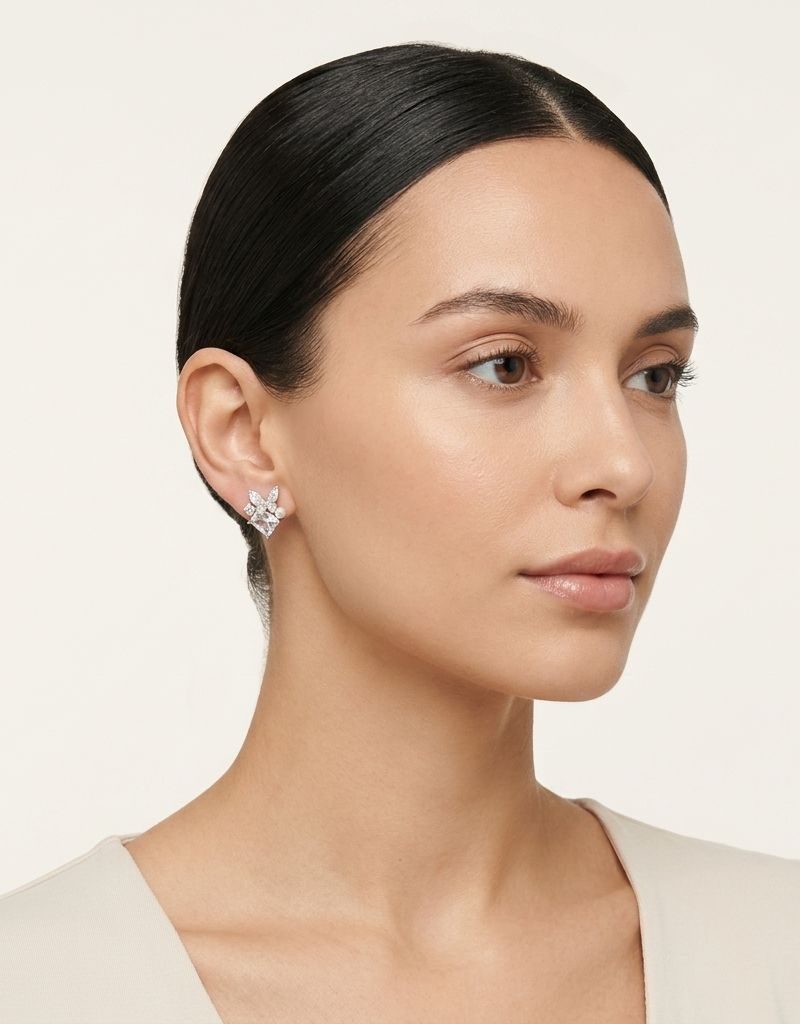 White Pearl Crystal Leaf Stud Earrings For Women
