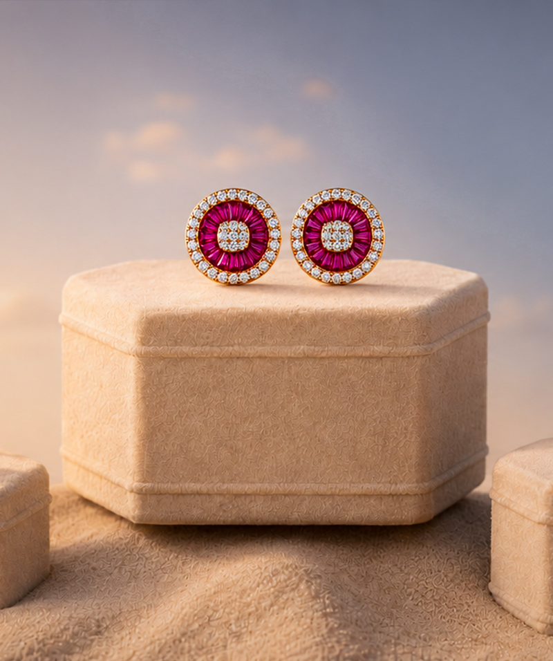 Ruby Sunburst Studs & Crystal Solitaire Ring Set