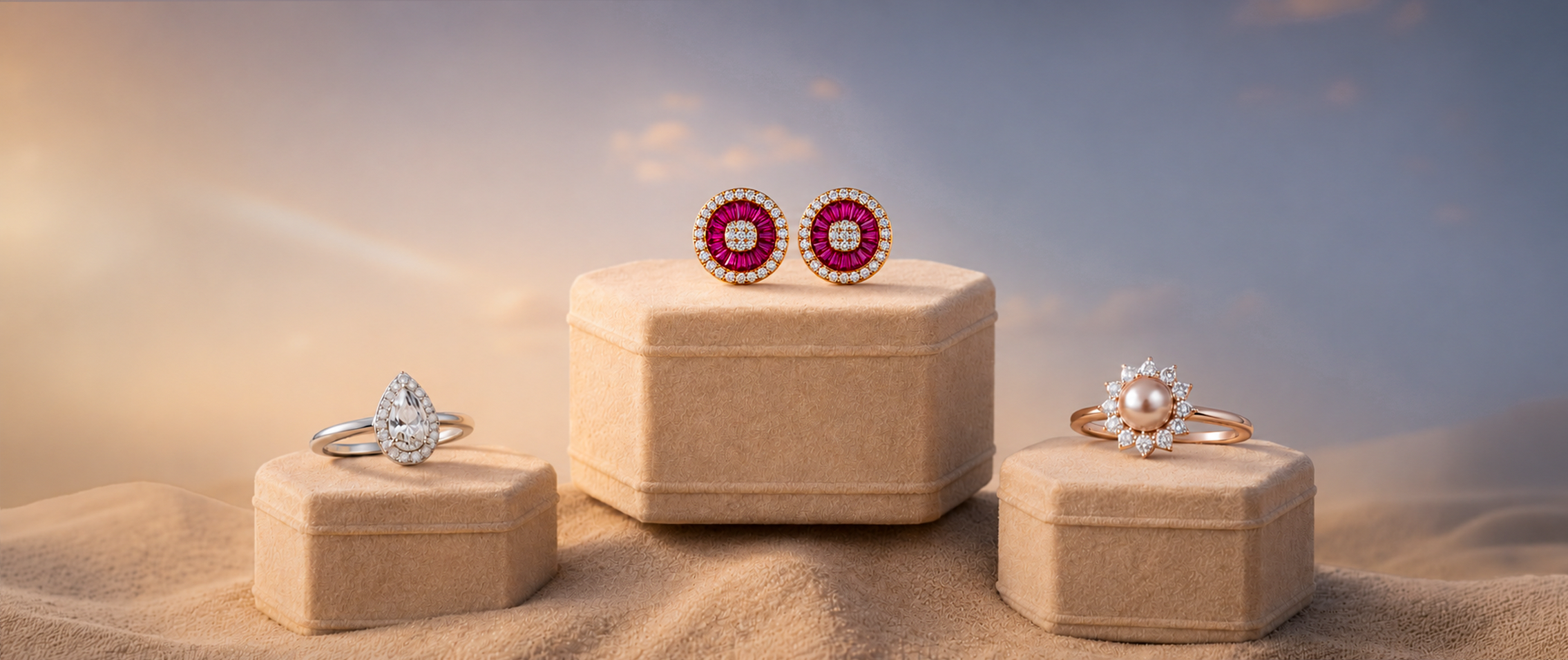 Ruby Sunburst Studs & Crystal Solitaire Ring Set