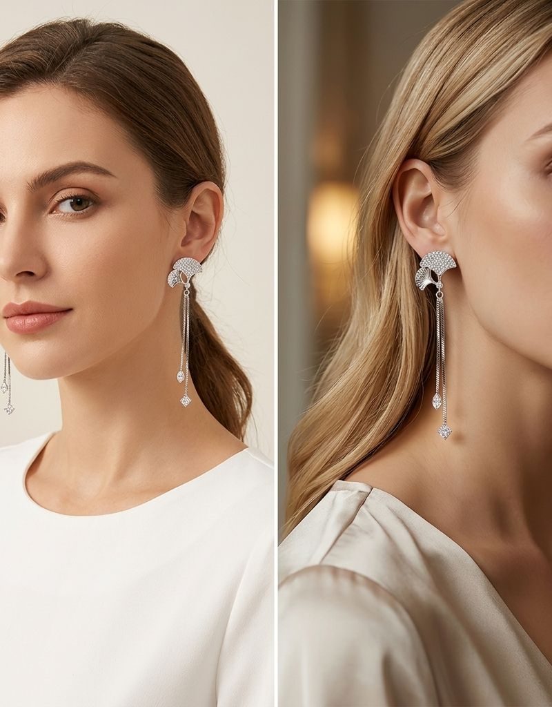 Gold Ginkgo Leaf Crystal Drop Earrings For Women