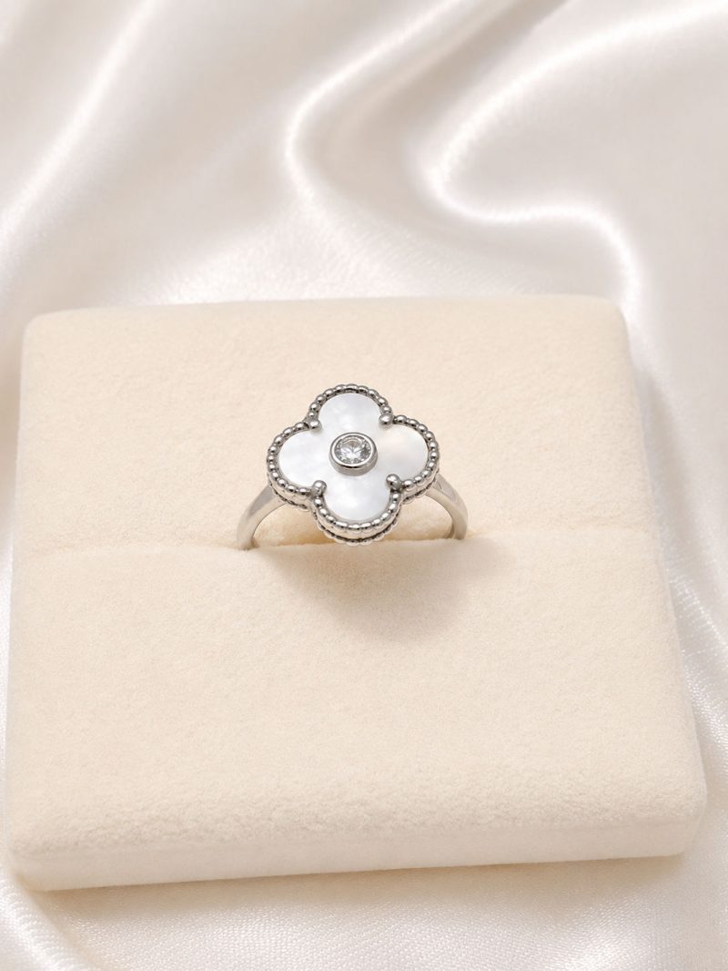 White Mother Of Pearl Clover Crystal Center Ring For Women