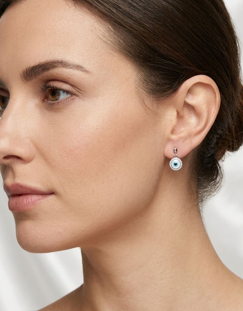 White Evil Eye Crystal Charm Stud Earrings For Women