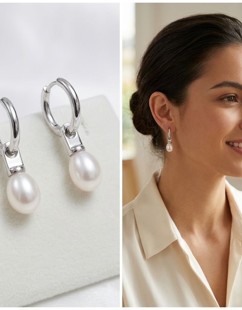White And Silver Pearl Crystal Accent Drop Earrings For Women