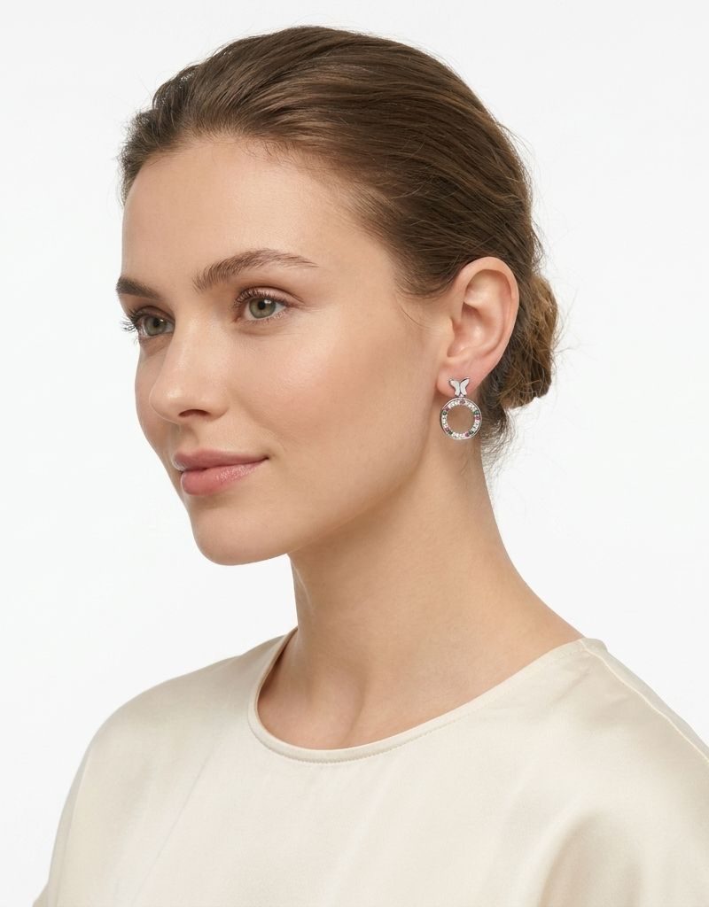 Silver Multicolor Crystal Crescent Moon Star Stud Earrings For Women