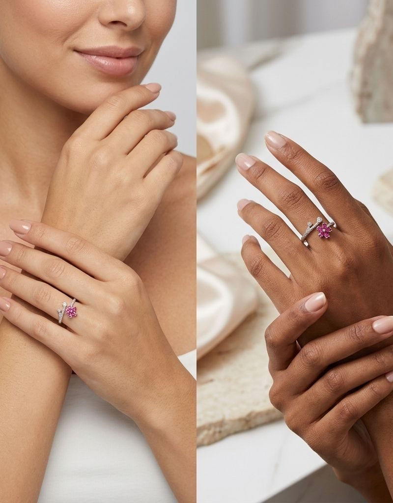 Pink Floral Crystal Ring For Women
